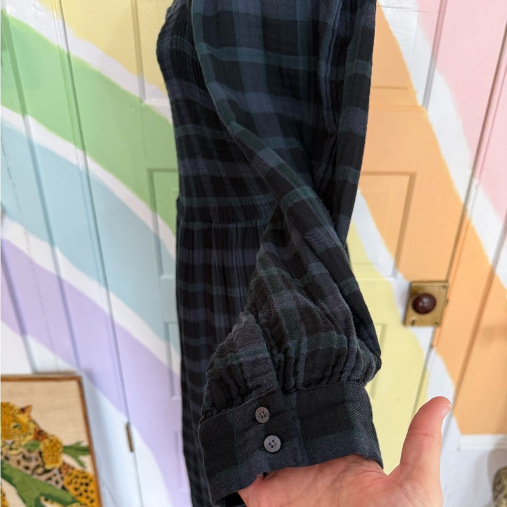 Madewell 100% Cotton Lightspun Long Sleeve Smocked Midi Plaid Dress Sz 2X 💚🍄 - Picture 5 of 12